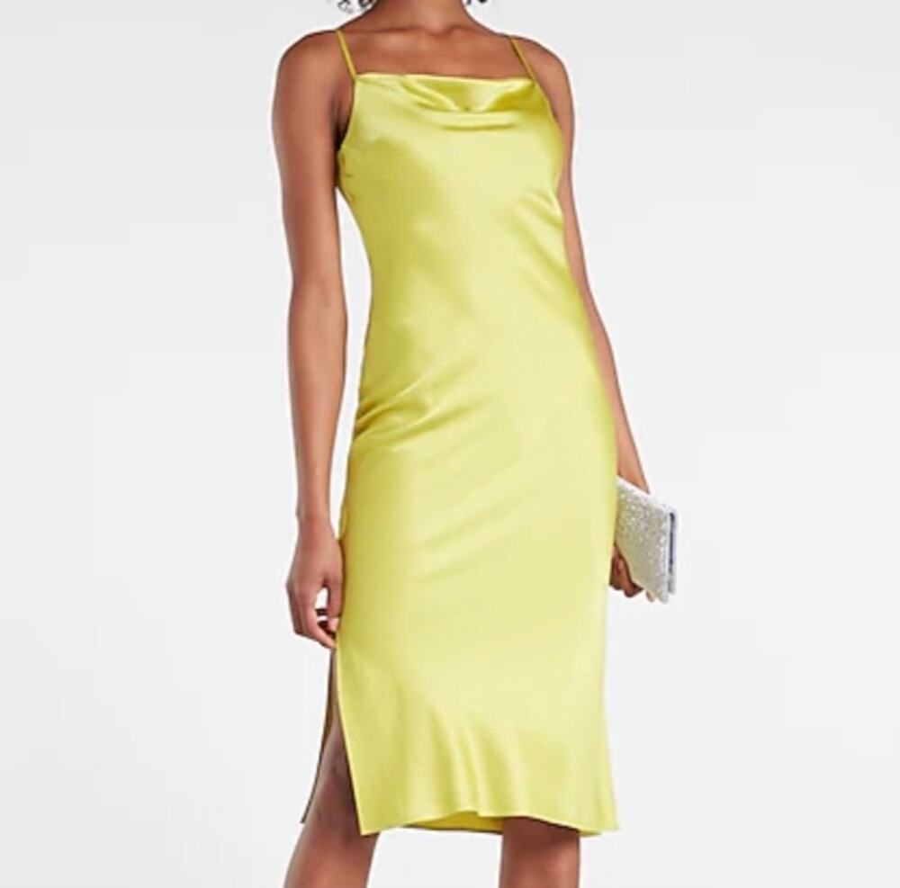 Express Satin Cowl Neck Midi Slip Dress in Lime Green Size Small